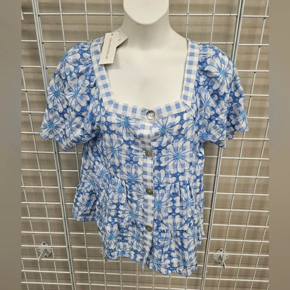 GRAND & GREENE Checkered Floral Embroidered Top NWT - Picture 3 of 8